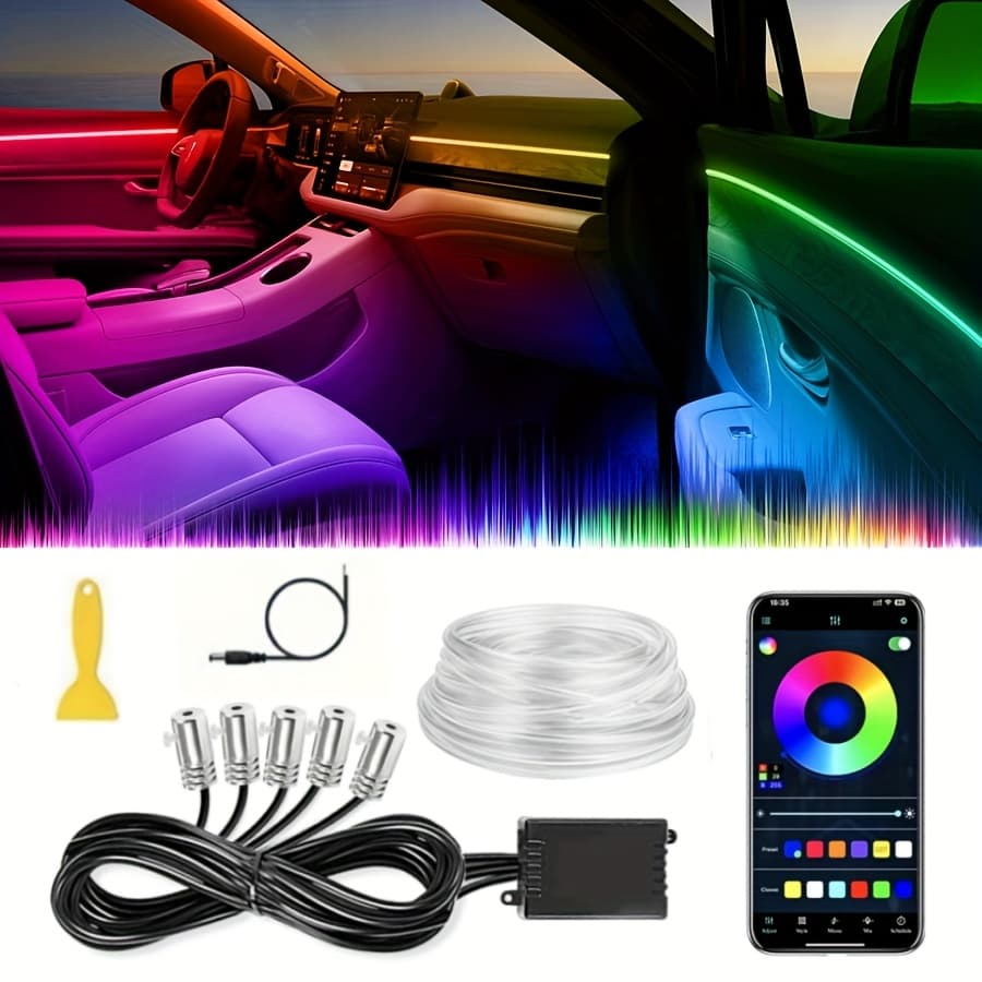 TEMU Interior Car Led Strip Lights App Control, 5 In 1 Rgb 16 Million Colors Ambient Lighting Kit With 236 Inches Fiber Optic, Inside Car Lighting Accessories, Without Battery