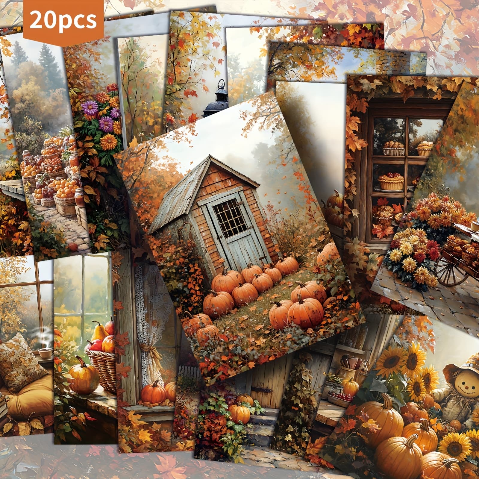 TEMU 20-pack Vintage Rustic Fall Pumpkin Paper Postcards - 4x6 Inches Vintage Fall Junk Journal Paper, Classic Pinup Illustrations, Collectible Decorative Painting Cards For Scrapbooking & Crafting