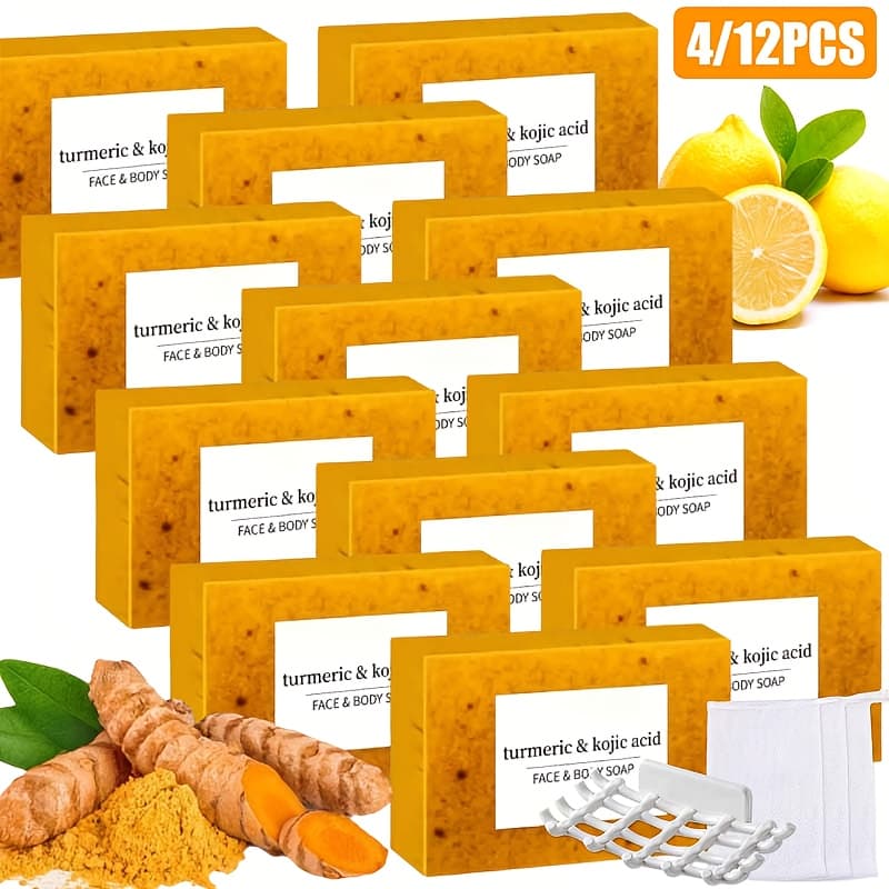 TEMU 12 Bars Of Lemon Turmeric Soap Bar, Complimentary , Facial & Body Kojic Soap, Honey Soap, Natural Turmeric Suitable For Types 3.53oz/