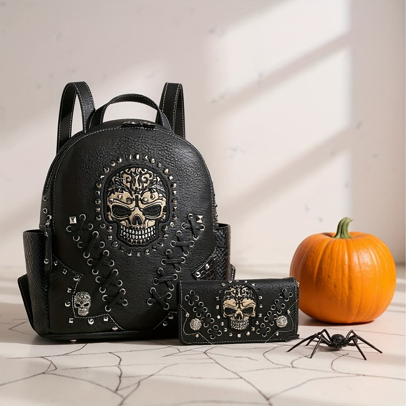 TEMU Western Style Skull Backpack With Matching Wallet, Punk Rivet & Lace-, Premium Synthetic Leather, Ideal Halloween Festival Accessory For Edgy