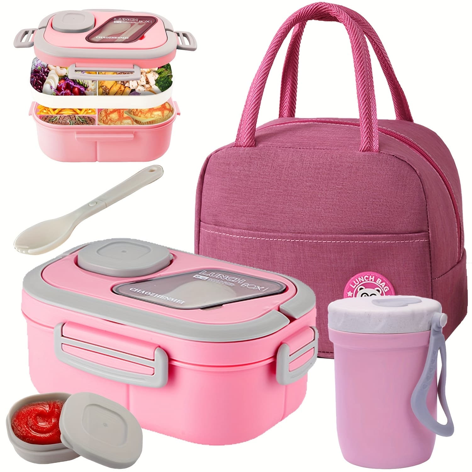 TEMU 1500ml-2 Grid Lunch Box; Adult Lunch Box Set With Cutlery, Soup Cup And Insulation Bag, Reusable For School, Office, Outdoor Picnic, Free From Bisphenol A, Food Grade Safe Material