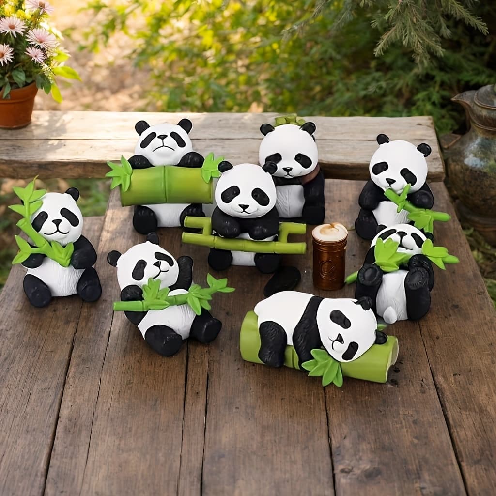 TEMU 8pcs Panda Decor Set - Resin Garden Ornaments With Figures, Green Leaves & Brown Cups, Indoor/outdoor Spaces, Indoor Outdoor Decor | Design | Detailed , Panda Decor