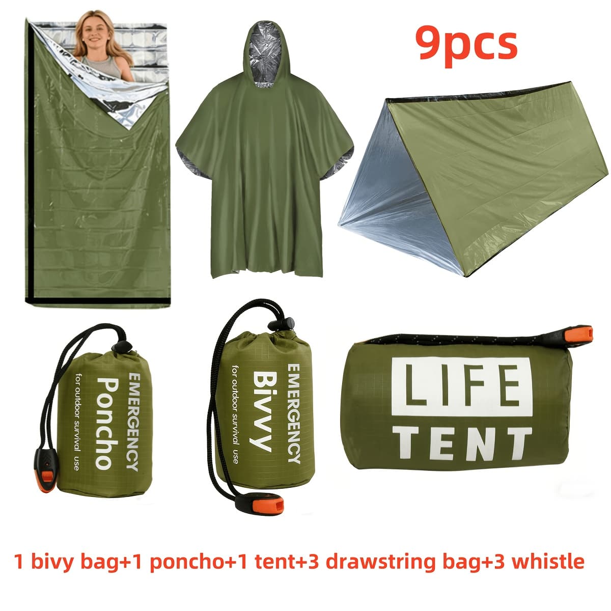TEMU 9pcs Outdoor Survival Gear Suitable For Camping & Hiking - Insulated Tent, Sleeping Bag, Shelter With Portable Tent, Storage Bag & Survival Whistle - Backpacking For Shelter, Warmth For Weather