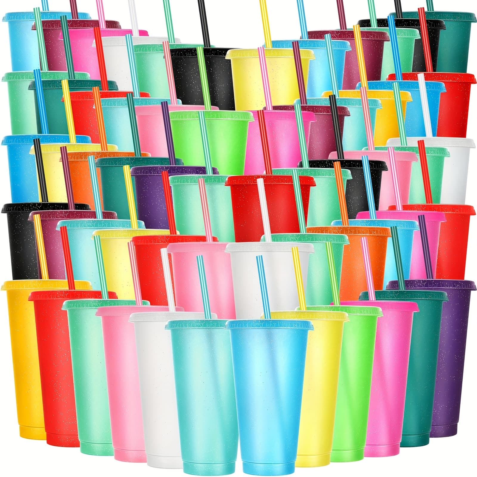 TEMU Bulk Of 60 Glittery Plastic Tumblers With Straws And Lids, Perfect For Iced Coffee, Travel Mugs, And Reusable Party Favors For Birthdays, In Assorted Colors And Sizes Ranging From 24 To 27 Ounces