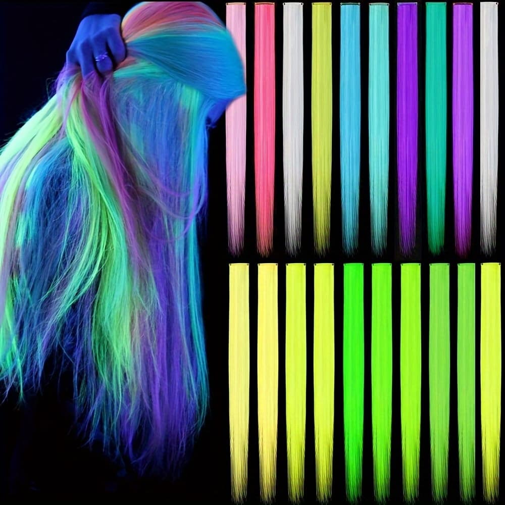 TEMU 10-piece Luminous Clip-in Synthetic Hair Extensions - Fluorescent Glow In The Dark Neon Hairpieces, , Smooth & Soft Texture For Parties, Halloween, New Year - Suitable For All, Women's Accessory