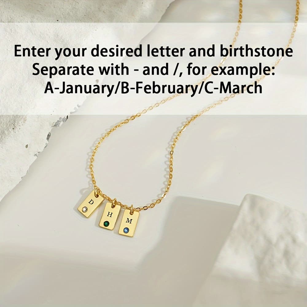 TEMU Custom Necklace With Stainless Steel Small Square Pendant, 18k Gold Plated, Personalized Initial + Birthstone, Customizable Women's Jewelry Gift For Girlfriend