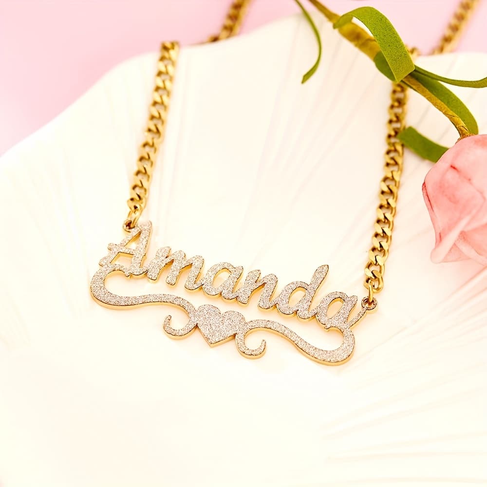 TEMU Custom Name Necklace - Personalized Stainless Steel Bling Sticker With Romantic Heart & Script Design, Cuban Chain Choker Jewelry Gift For Women, Party/thanksgiving Gift, Wear, Shimmering Finish