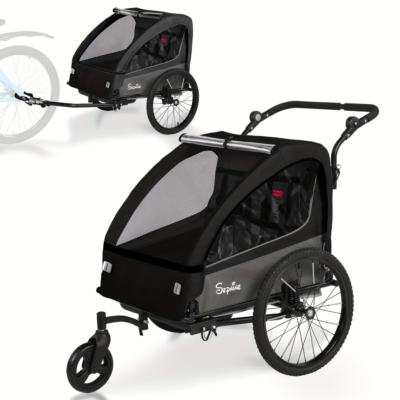 TEMU 2in 1 Kids Bike Trailer And Stroller With Suspension Bike Trailer For 1 To 2 Children, Jogging Function, Foldable, 5-point Harness, Spacious Storage, With Bug Screen And