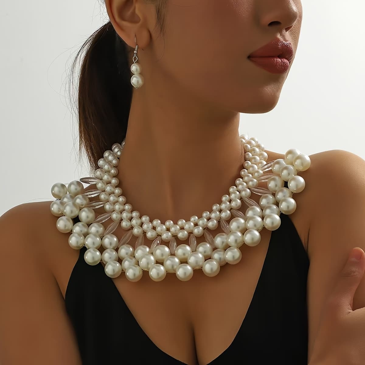TEMU Luxury Bohemian Pearl Tassel Necklace & Earrings Set - Multi-layered, Handmade Bridal Jewelry, Elegant Beaded Design, Perfect For Weddings And Gifts, , Wedding Accessories.