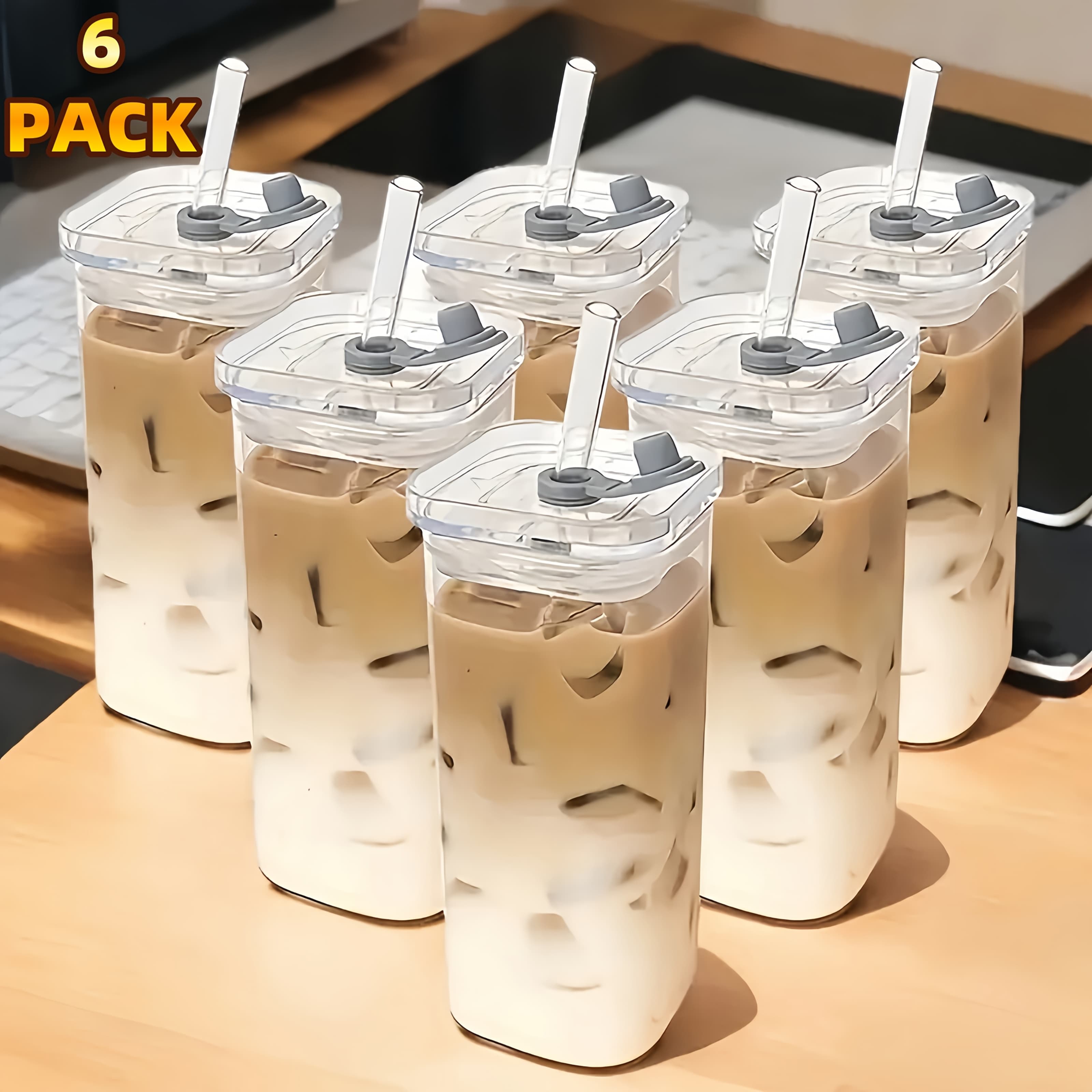 TEMU Of 6 Square Glass Cups With Lids, Ideal For Beverages, Including Iced Coffee. Great For Father's Day, Suitable For Office, Parties, Home, School, And Outdoor Activities