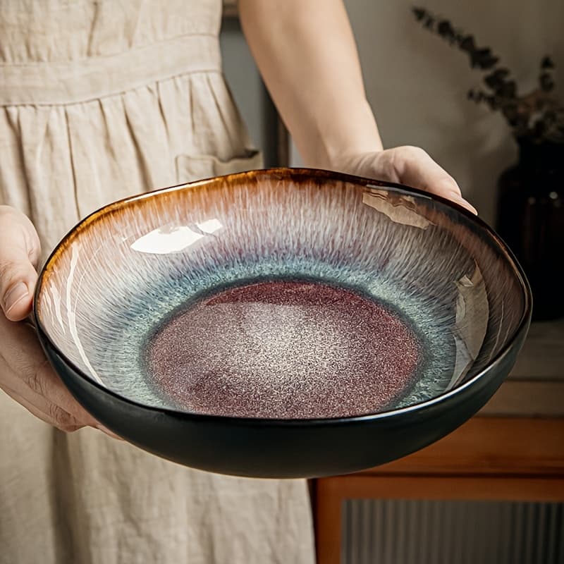 TEMU 9 Inch Ceramic Salad Soup Plate - Brown Blue Gradient With Unique Irregular , Handcrafted Artisan Tableware, Dishwasher Safe For Family Dining & Guest