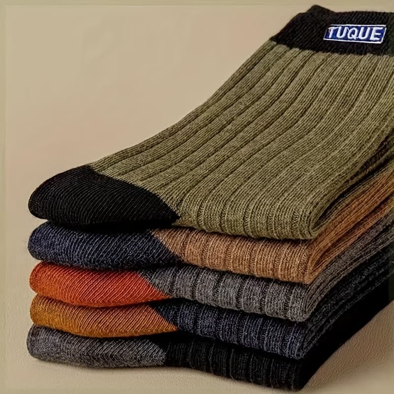 TEMU 5 Pairs Men's Solid Winter Thickened Style Socks Breathable Sweat-absorbing Mid-calf Athletic Socks Business Casual Trendy Socks, Sweat-resistant