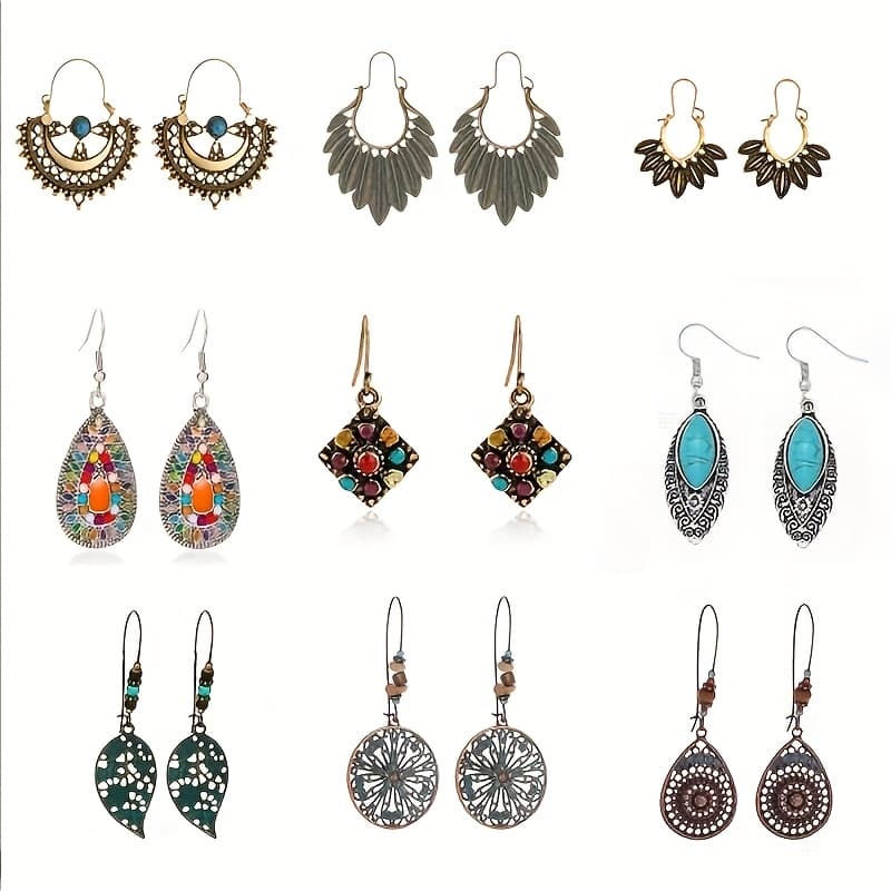 TEMU 9 Pairs Boho Earrings For Women Girls Vintage Oval Round Ethnic Sunflower Dangle Earrings With Leather Wrap Bracelets Jewelry Set Christmas Earrings