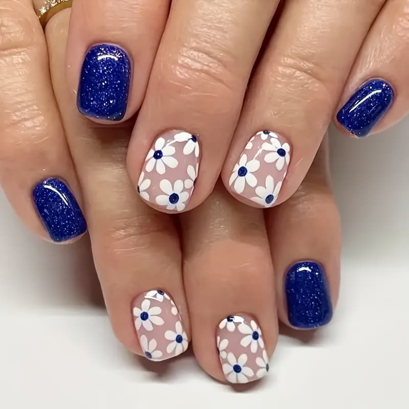 TEMU Celebrity Wearable Nail Tips, 24pcs Short Square Shape Press-on Nails, Simple Floral Blue Design, Blue Artificial Nails For Extension, Removable With Jelly Glue, 1 Nail File