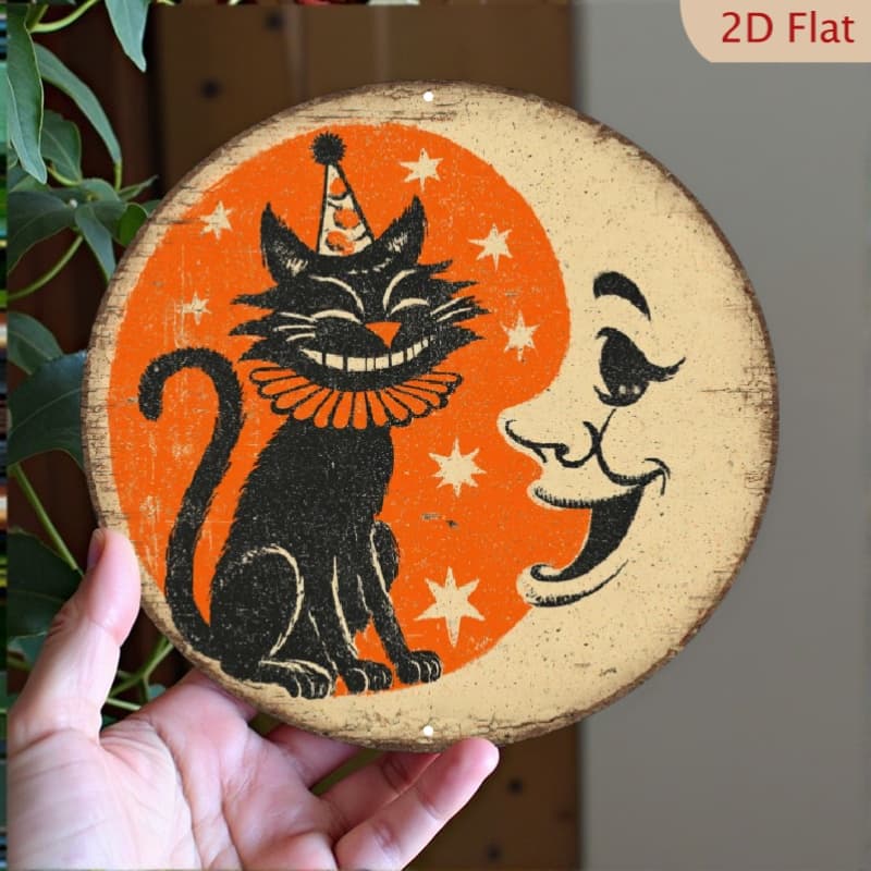 TEMU 2d Flat, 1pc Whimsical Cat & Moon Metal Wall Art Sign - Small Size 2d Printed Iron Decor With Party Hat & , No Electricity Needed For Home, Cafe, Office, Birthday Party Wall Decoration, 2d Flat