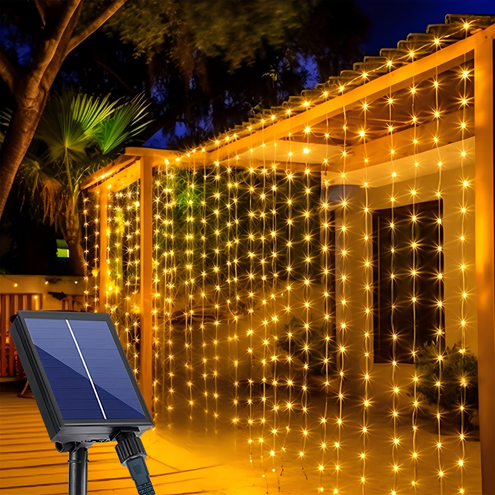 TEMU 300 Led Solar Curtain Lights, 8 Lighting , 4 Brightness Levels, Type-c Charging For , Automatic Night Lighting, Waterfall Design For Patio, Garden, Or Outdoor Decor, Solar Outdoor Lights