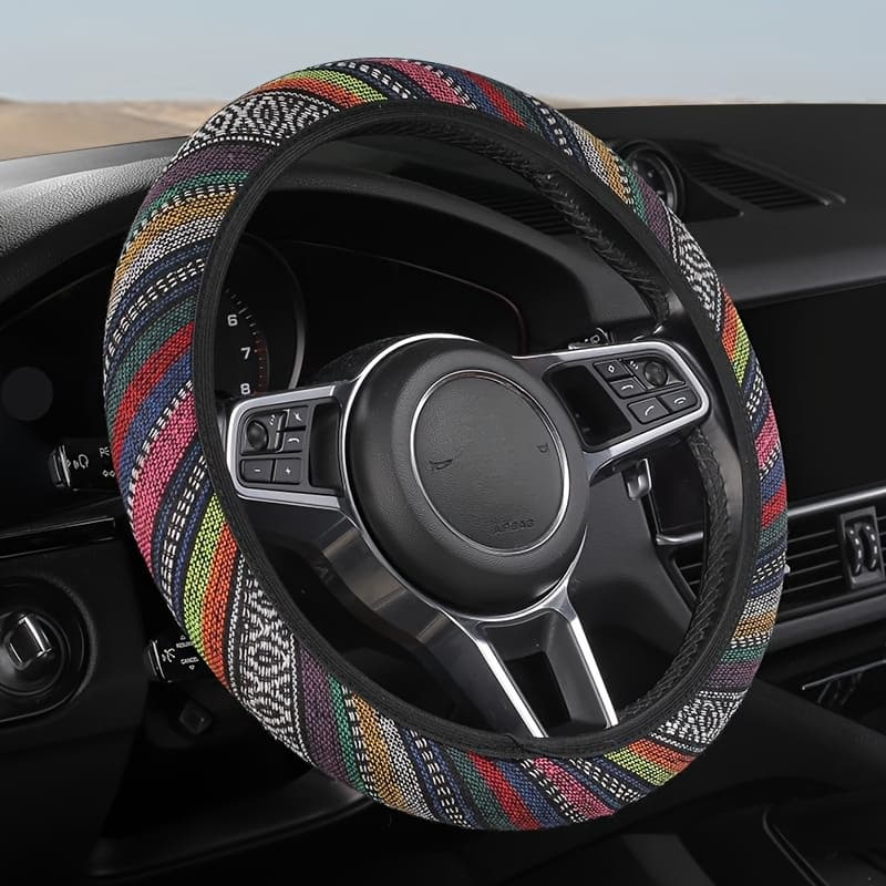 TEMU Ethnic Style Car Steering Wheel Cover With No , Anti-slip And Wear-resistant, Universal Fit (outer Diameter -15 Inches), Linen Material, Suitable For Family Cars