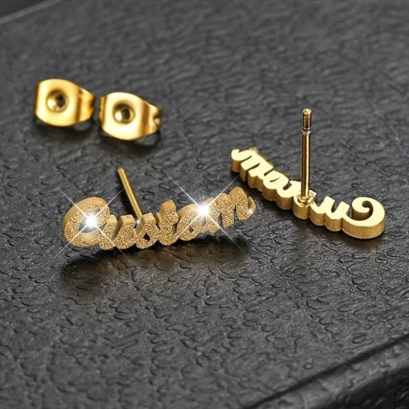 TEMU Personalized Glitter Name Stud Earrings, Custom Text Stainless Steel Earrings, Minimalist Jewelry For Daily Wear, Unisex Couples Gift Accessories, Hypoallergenic No Plating