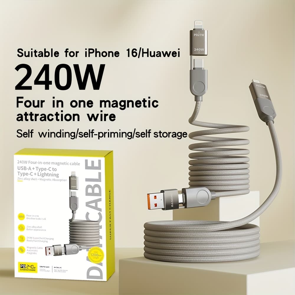 TEMU 4 In 1 Magnetic Charging Cable 240w, Usb A Usb C To Type C Lightning, 100w Pd Fast Charge, 1.2m Braided Self Storing Cord For Iphone Laptop