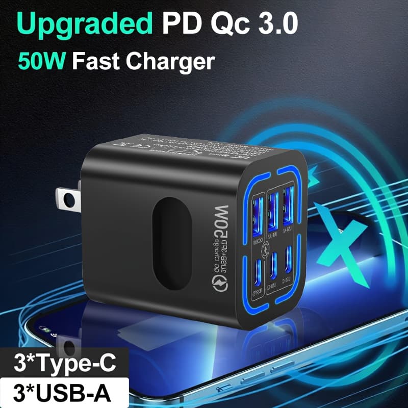 TEMU 6in 1 Usb-c Fast Charger With 3.28ft Cable, Type-c Fast Charging Kit, 3 Usb + 3 Type-c Phone - For Iphone And - Versatile Travel Charging Block For Multiple Electronic Devices