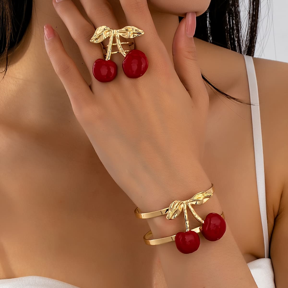 TEMU Jewelry Set For Women - Cute Fruit Bracelet & Ring Gift, Kawaii Floral Adjustable Bangle Stackable Ring, Spring Summer Dainty Accessories For Teens