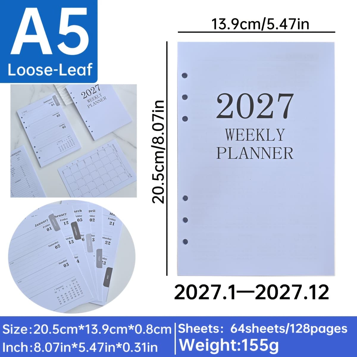 TEMU 1 Set 2027 A5 Weekly Planner Refill Pages, 64 Sheets 128 Pages, Calendar Monthly Weekly Plan Inserts