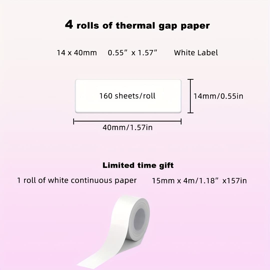 TEMU Label Machine Tape P21/p31, Compatible Printing Paper, 14x40mm (0.55 "x1.57") Paper 4 Rolls White, Plus 1 Roll Continuous Paper, Standard Laminated Office Label Tape Replacement Part