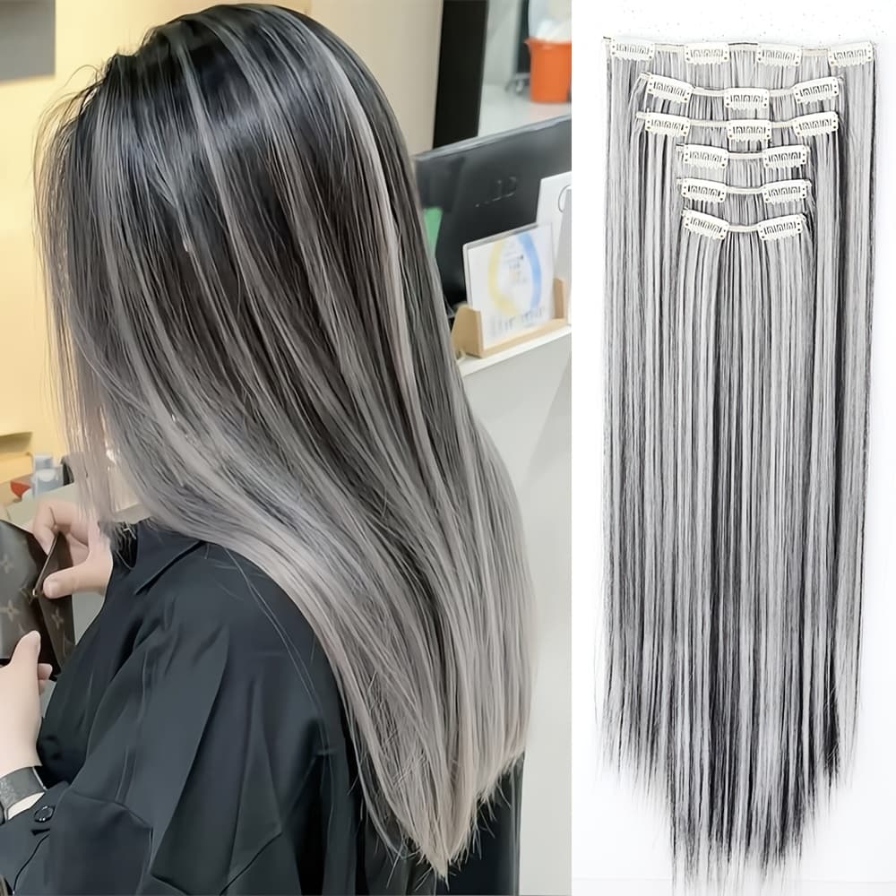 TEMU Set Of 6pcs, 24-inch Synthetic Heat-resistant Clip-in Hair Extensions In Black And Gray, Ideal For Women To Wear At ' Day Celebrations