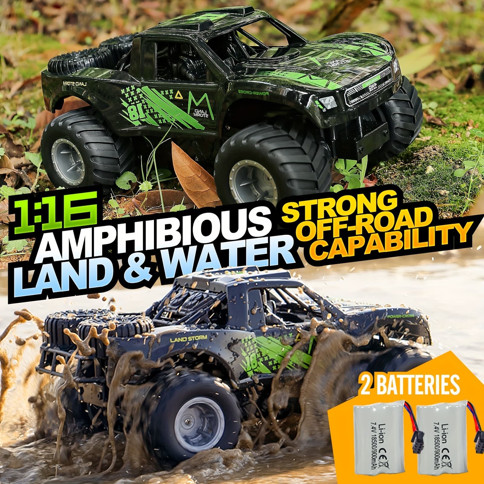 TEMU 1:16 Amphibious Rc Car With 2 Rechargeable Battery, Remote Control Trucks 4x4 Offroad, 4wd All Terrain Monster Truck Rc Car For Boys 4-7 Gift Present