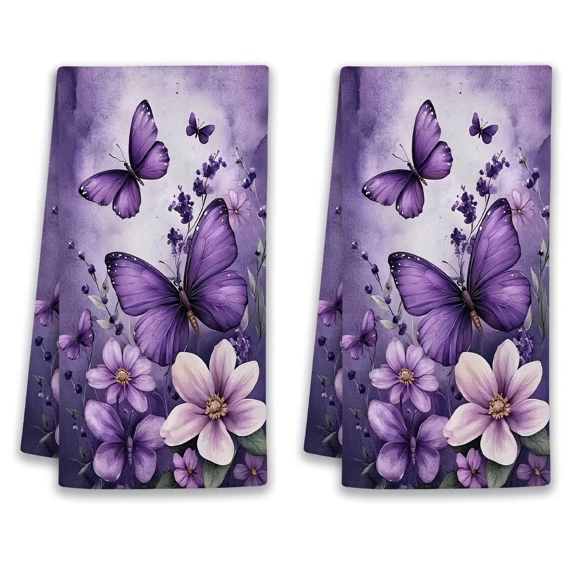TEMU 2pcs Purple Flower Hand Towels - Dish Towels, Farmhouse Style, With Black Mounting Rod, Used For Bathroom And Festival Decoration