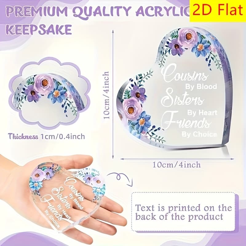 TEMU 2d Flat, 1pc Gift For Cousin - Acrylic Heart Sign Plaque With Vibrant Purple Flower Decor, Collectible Figurines, Cousins By Blood, Sisters , Aesthetic Keepsake & Paperweight, Home Decor, 2d Flat