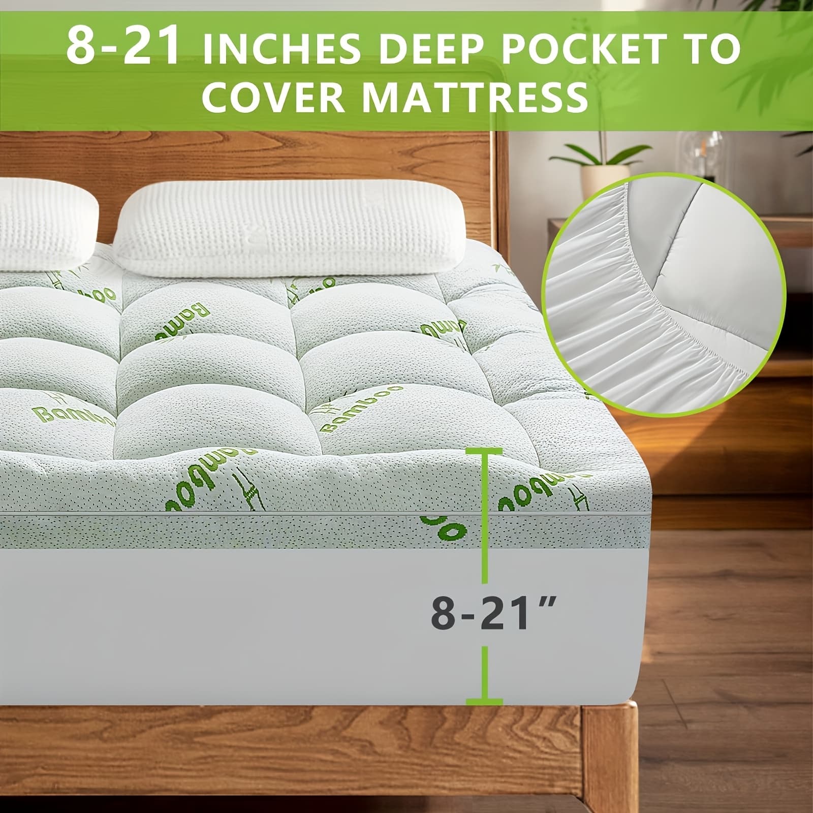 TEMU Bamboo Fiber Mattress Topper, Cooling Mattress Pad With 500g Filling, Fits 8-21 Inch Mattresses, Ideal For Bedroom And Dormitory Use