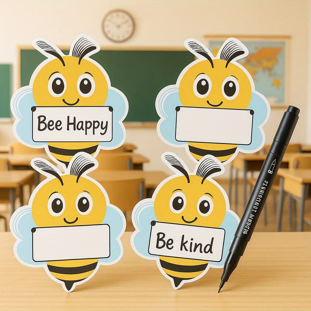 TEMU [free Pen]50pcs Cute Bee Classroom Decorations - Oval Bee Cutouts With & Name Tags, Bulletin Boards, Cubbies, Desks - Student Nameplates, Durable Adhesive Backing, Bee Decorations