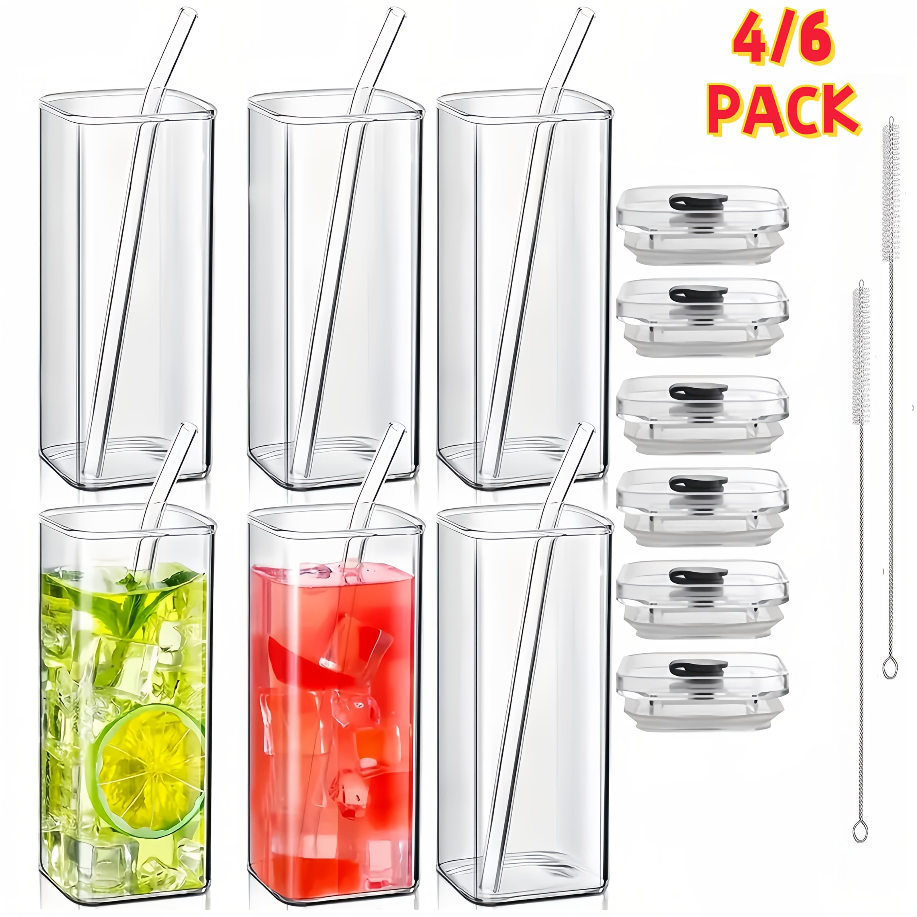 TEMU 4/6pcs Square Lidded Glass Cup With Straw And Straw Brush, Portable Drinking Cup, Iced Coffee Cup, Father's Day Cup, Perfect For Office, Party Supplies, Home, School, And Outdoor Use