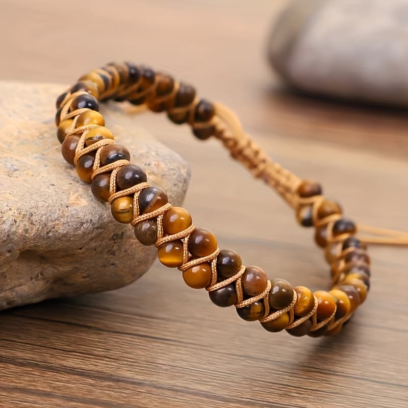 TEMU Adjustable Handmade 4mm Tiger Eye Stone For Unisex, Vintage Bohemian Style, Double Layer Braided Design With Rustic Aesthetic, Suitable For Vacation And Casual Attire, Eye Jewelry