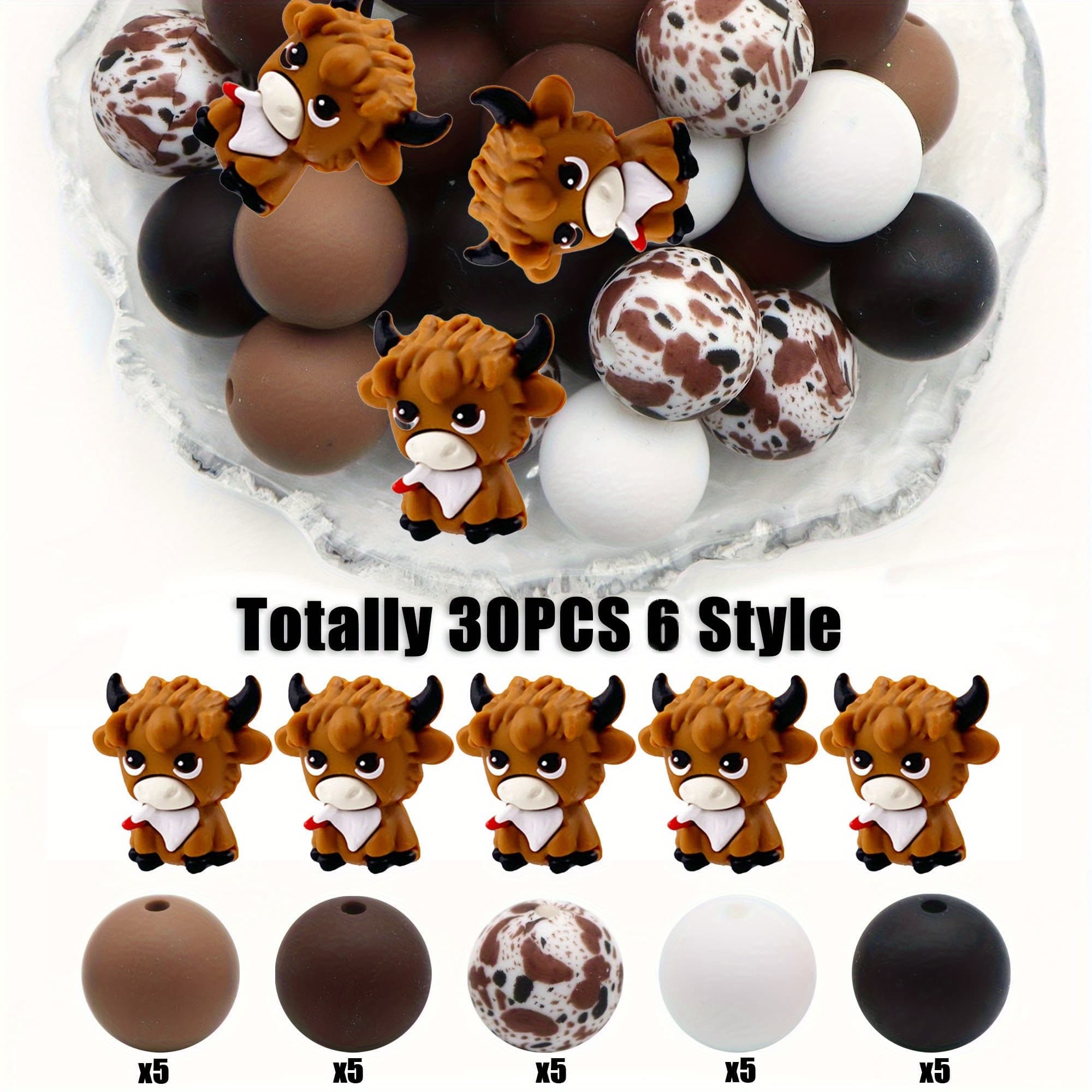 TEMU 30pcs Silicone Bead Set, 3d Cartoon Bull Design, Multiple Colors, For Making, Handmade Jewelry Gift Set, Pen, Necklace, Key Chain