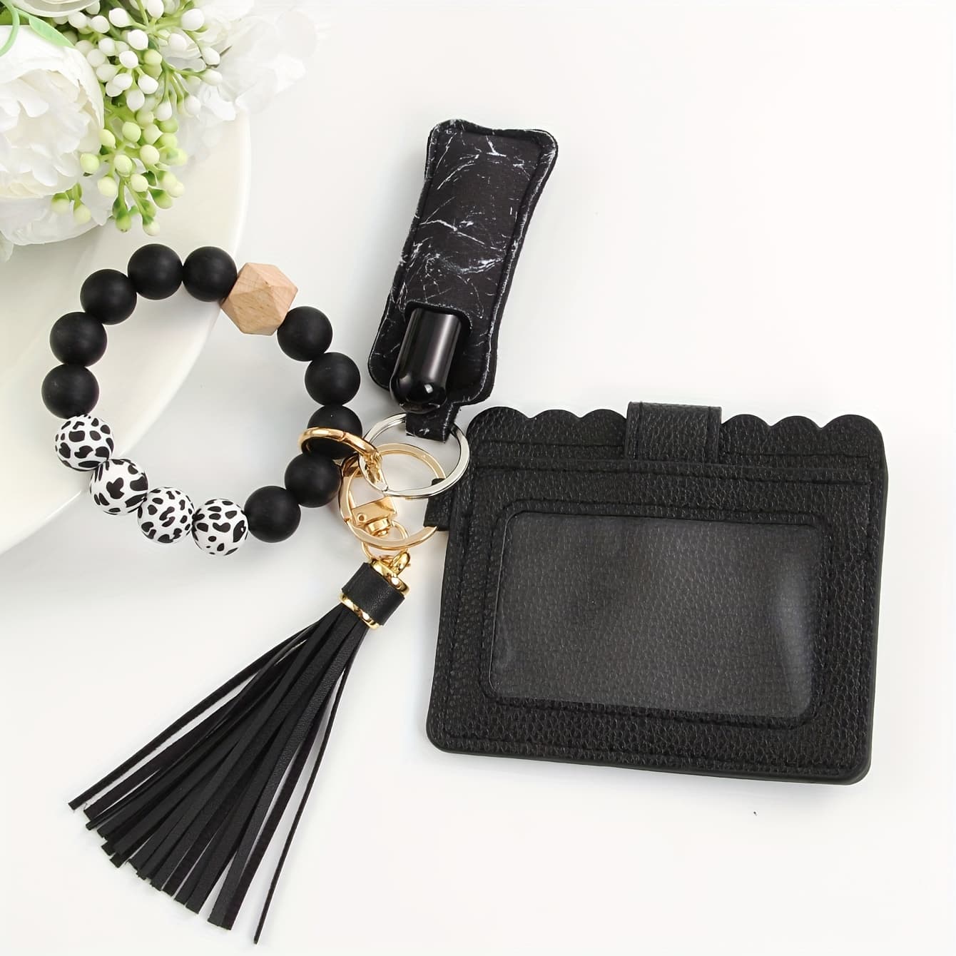 TEMU 5pcs Keychain Wallet For Women. Beaded Keychain Wristlet Key Ring Chains For Women With Leather Tassel, Lipstick Holder Keychain, Perfume Spray Bottle Refillable