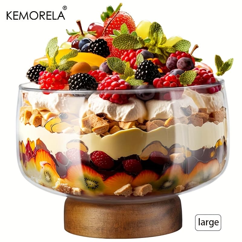 TEMU Kemorela Glass Cake Bowl With Elegant Wooden Stand, Versatile Serving Tray For Serving Cakes, Salads, Desserts, Stylish Display For Parties, Weddings, Special Occasions, Durable And Easy To Clean