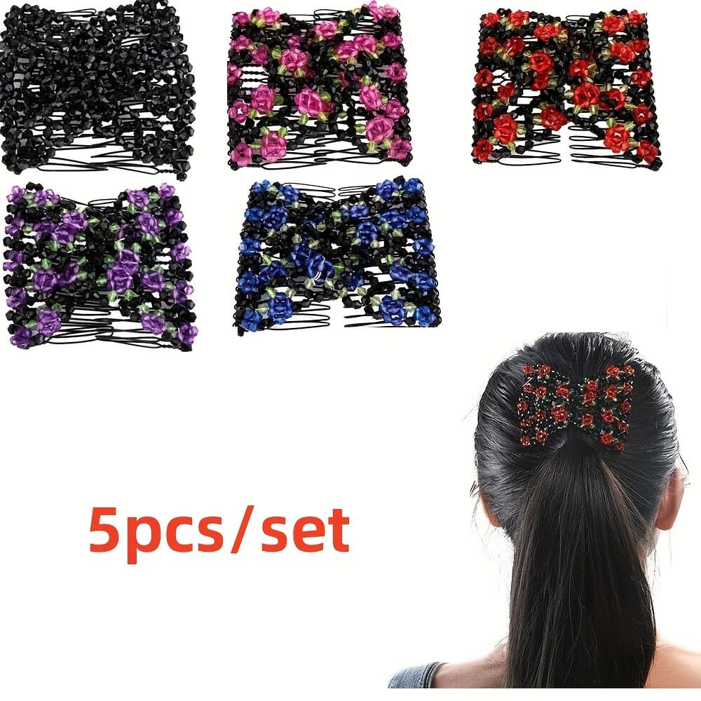TEMU Set Of 5 Beaded Floral Hair Combs, Featuring Colorful Adjustable Elastic, Stretchy For Versatile Styling, Additions For Women