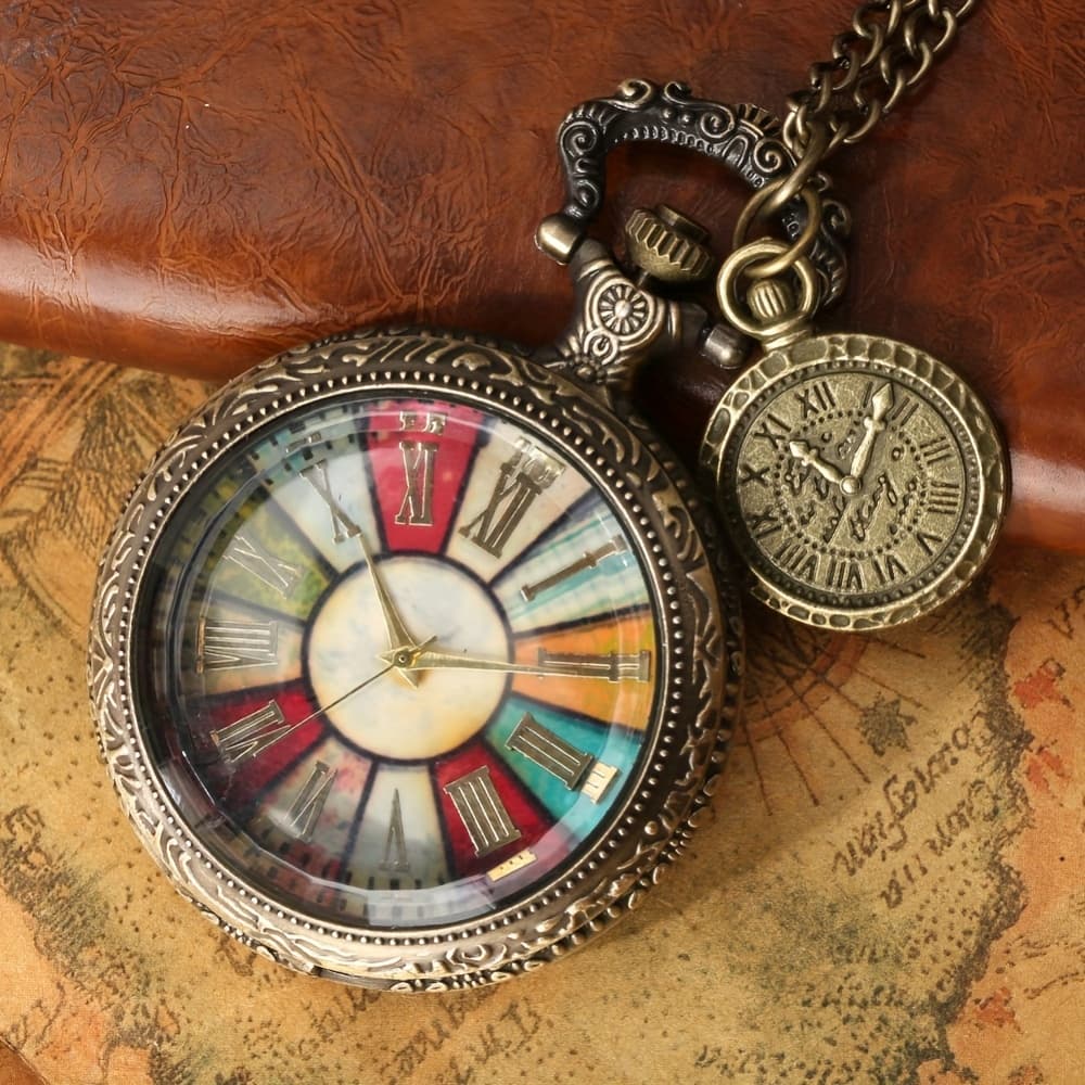 TEMU Vintage Bronze Pocket Watch, Colorful Roman Numeral Dial With Roman Label Pendant Quartz Clock Gift For Men And Women