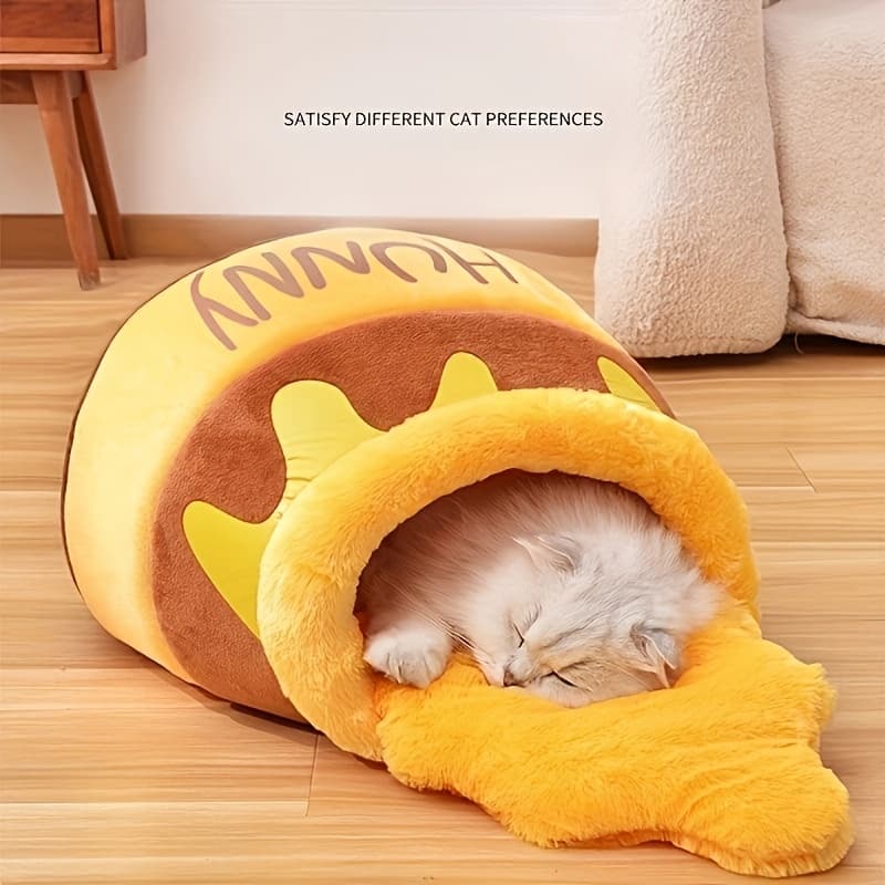 TEMU A Honey Jar-shaped Cat Bed, Warm And Soft For Autumn And Winter, Removable And Washable, With A Thick Cushion Inside For