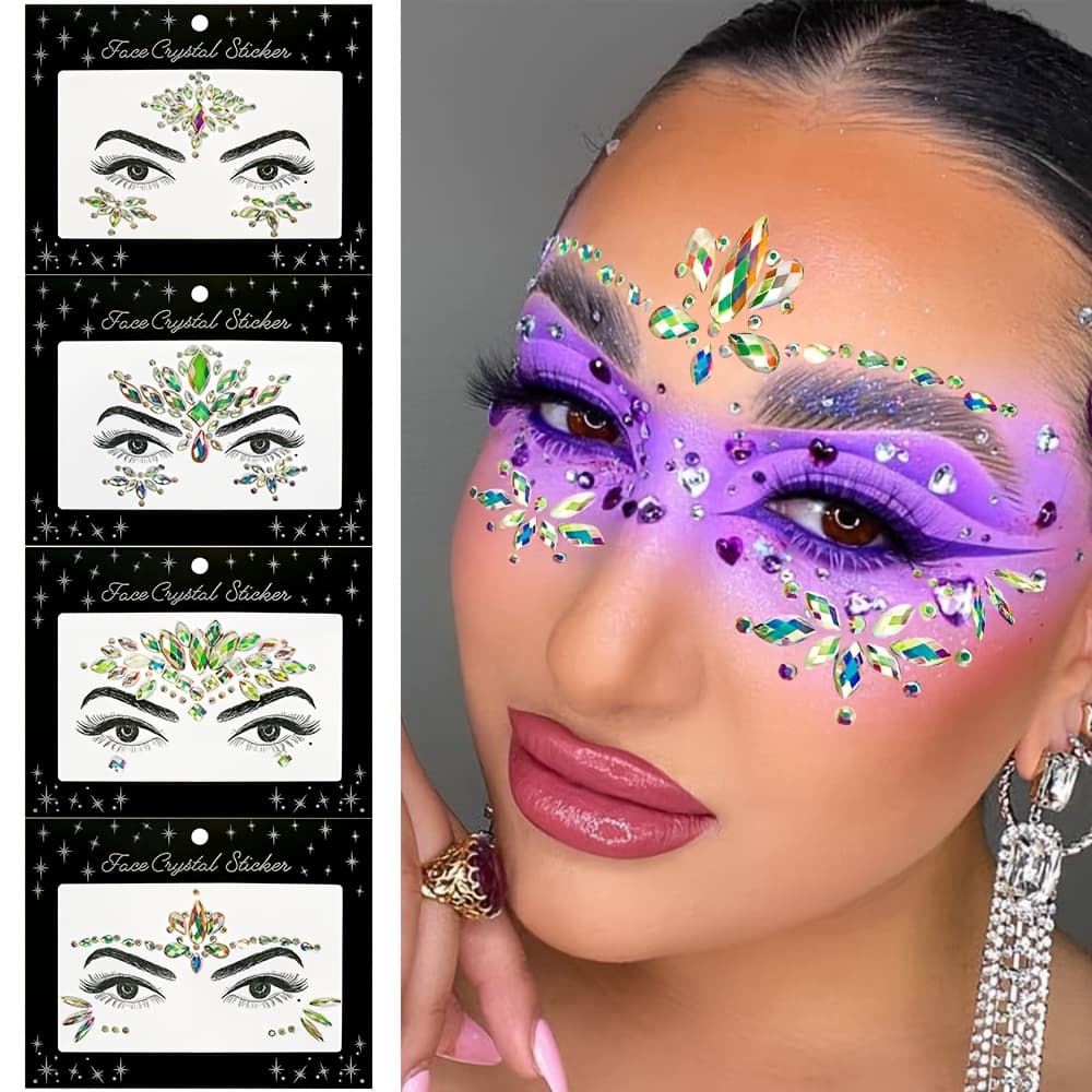 TEMU 4 Sheets Face Stickers - Luminous & Iridescent Self-adhesive Rhinestones (teardrop//small Drill) For Face Hair Body, Reusable For Festival Halloween Cosplay Makeup Decor