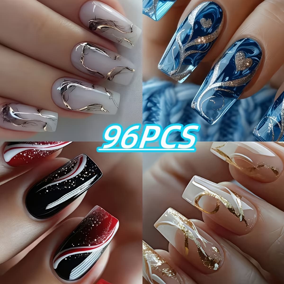 TEMU 96pcs New Style (same Style Different Patterns) Detachable Nail Set, Fashionable , Sparkling Golden , Medium Length , All , Very Suitable For Women And ' Daily Wear, Parties, Work