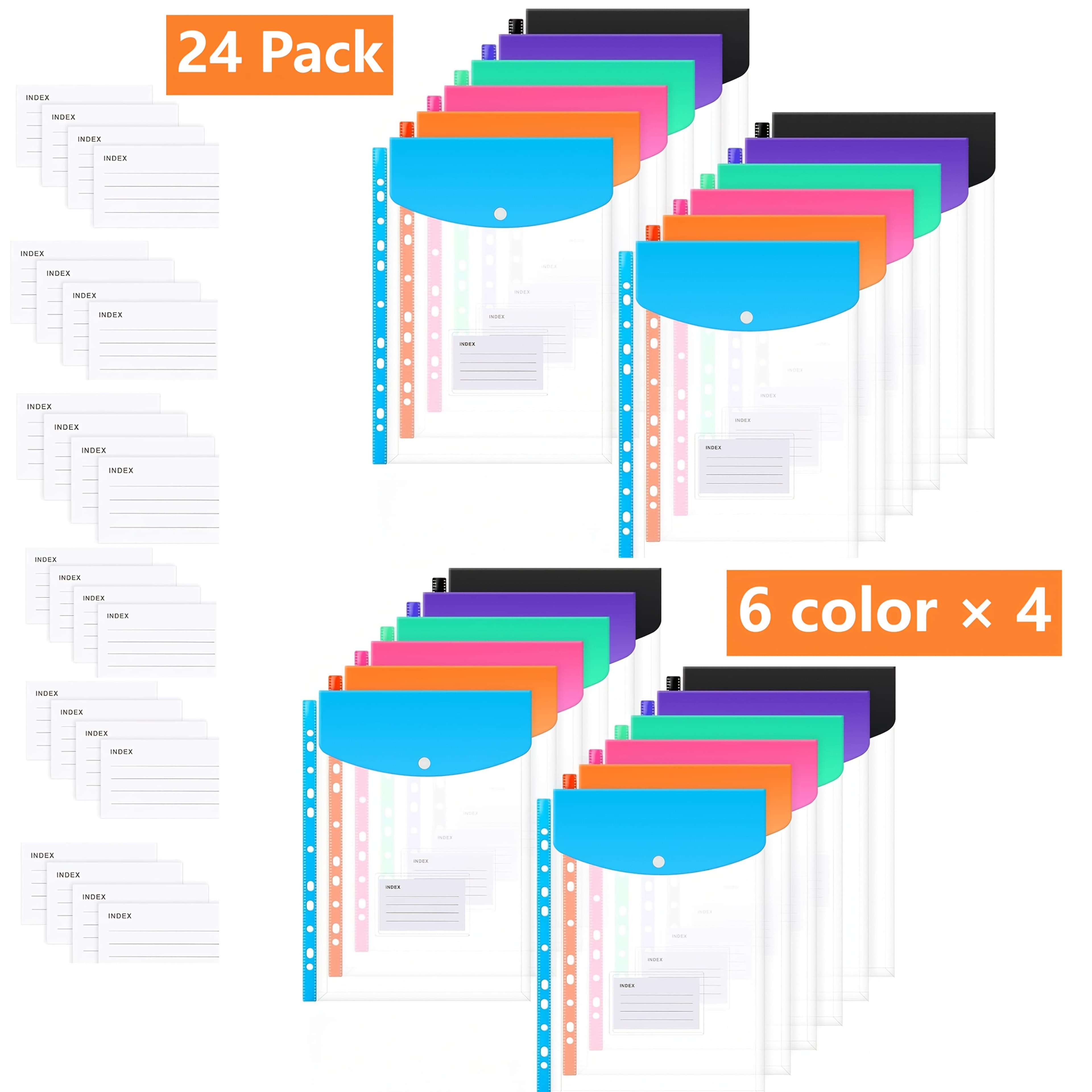 TEMU 24pcs Plastic Wallets A4 Pockets, 11 Holes Expandable Binder Folders For 2/3/4 Ring Document Pouch With Snap Button & Label Loose-leaf Transparent For Office School Home, 6 Color 24pcs