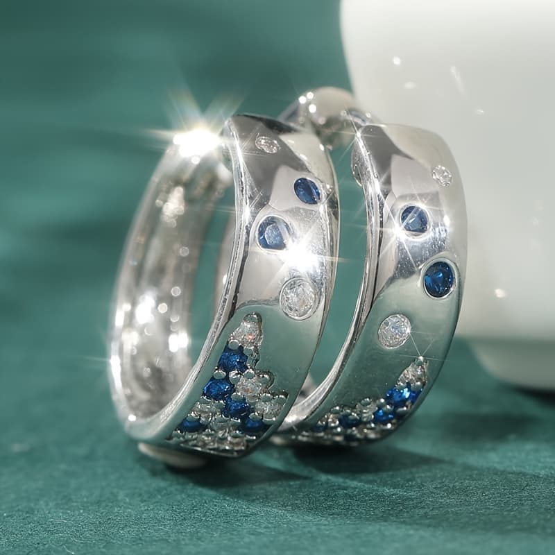 TEMU 1pair Of Exquisite And Elegant Blue And White Synthetic Zirconia Hoop Earrings, Versatile Earrings For Ladies' , And Fashionable Party Jewelry