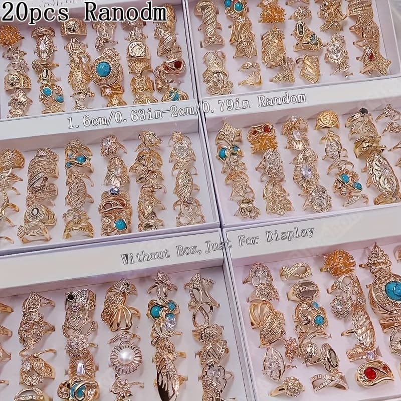 TEMU 20pcs Elegant Vintage & Colorful Cubic Ring Set For Women - Mixed Style Random, Copper , Perfect For Weddings, Parties & Casual Attire