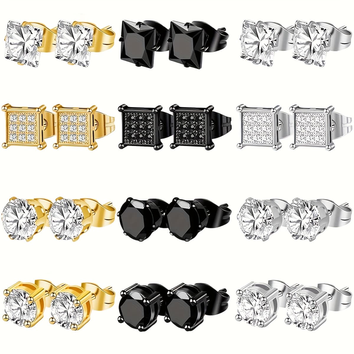 TEMU A Set Of 12 Claw Stud Earrings Made Of 304 304 304 304 304 Stainless Steel, Suitable For Men And Women, Featuring Cz Post Earrings That Are Hypoallergenic With Synthetic Synthetic Zircon​​