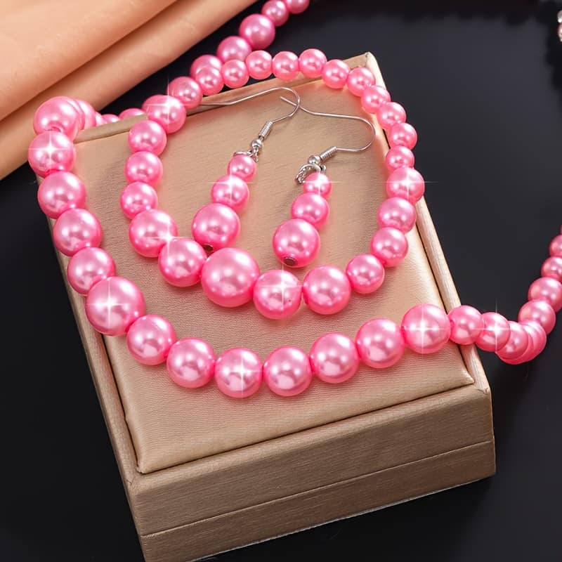 TEMU Elegant 4pcs Jewelry Set For Women - Pink Pearl Necklace, Bracelet & Earrings | Perfect Gift For Birthdays, Valentine's, And Holidays
