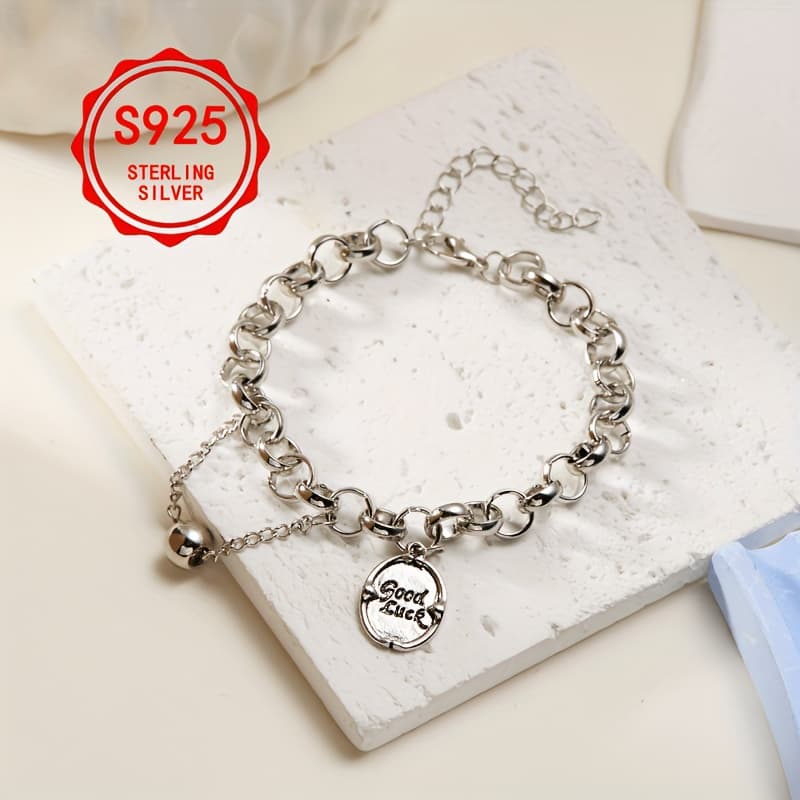 TEMU 925 Sterling Silvery 'good Luck' Pendant Bracelet, Hip-hop Cool Ball Fashion Accessory, Women' Jewelry - !