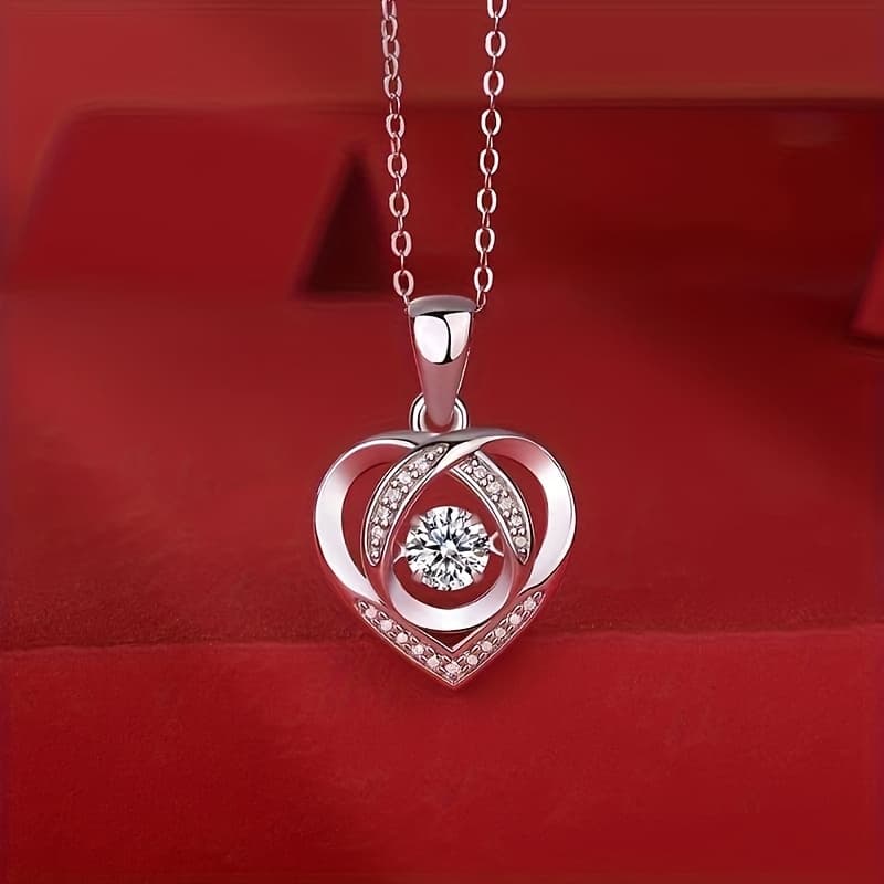 TEMU 925 Sterling Silver Heart Cubic Dancing Pendant Necklace, Chic Minimalist Collarbone Chain For Women, Hypoallergenic Jewelry For , Perfect For Valentine's Day Daily Wear&gifting